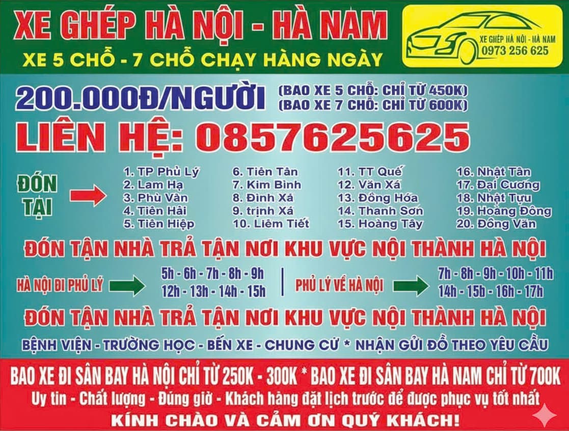 Bảng giá xe ghép Hậu Phan - Tuyến Hà Nam, Hà Nội, Nội Bài